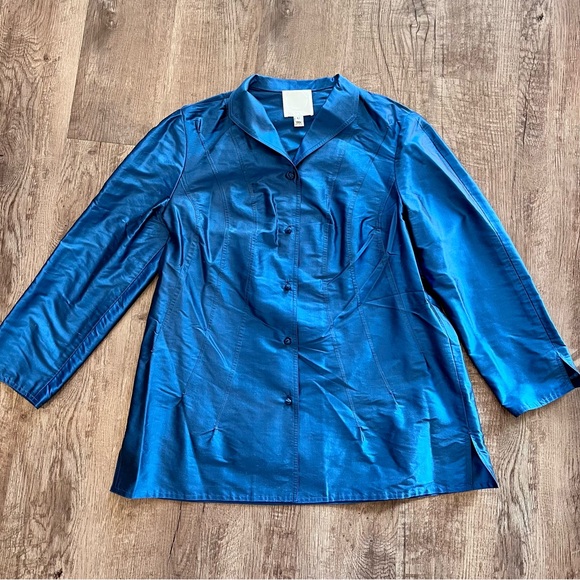 100% Silk Chado Ralph Rucci Blue Button-Up Blouse Tunic Sz. 12